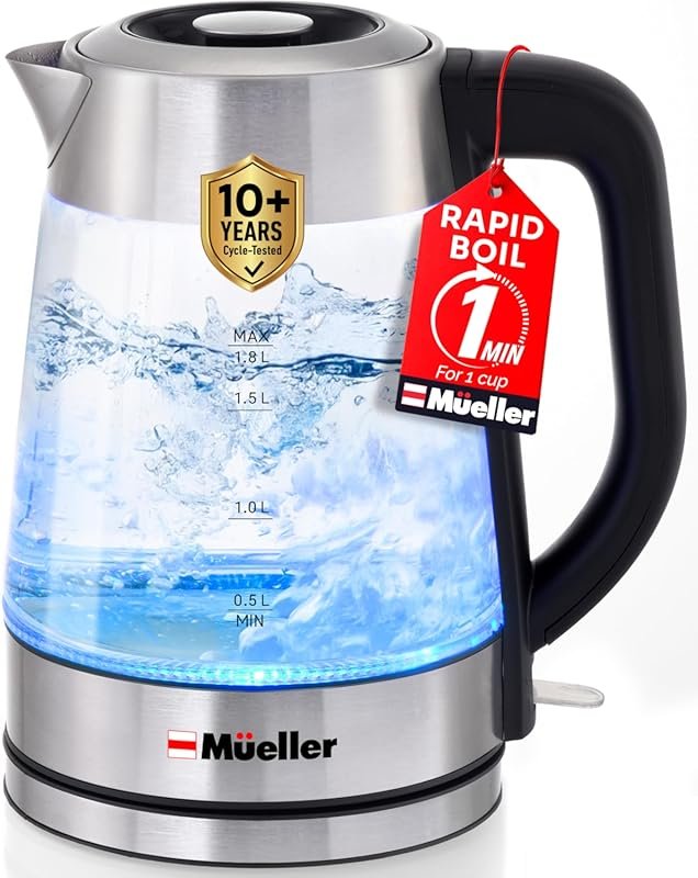 Mueller Rapid Boil 1.8L Borosilicate Glass Electric Tea Kettle, BPA-Fr