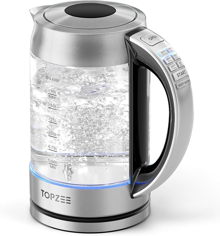 TOPZEE 1.7L Glass Electric Kettle, 6 Preset Temperatures, Keep Warm, A